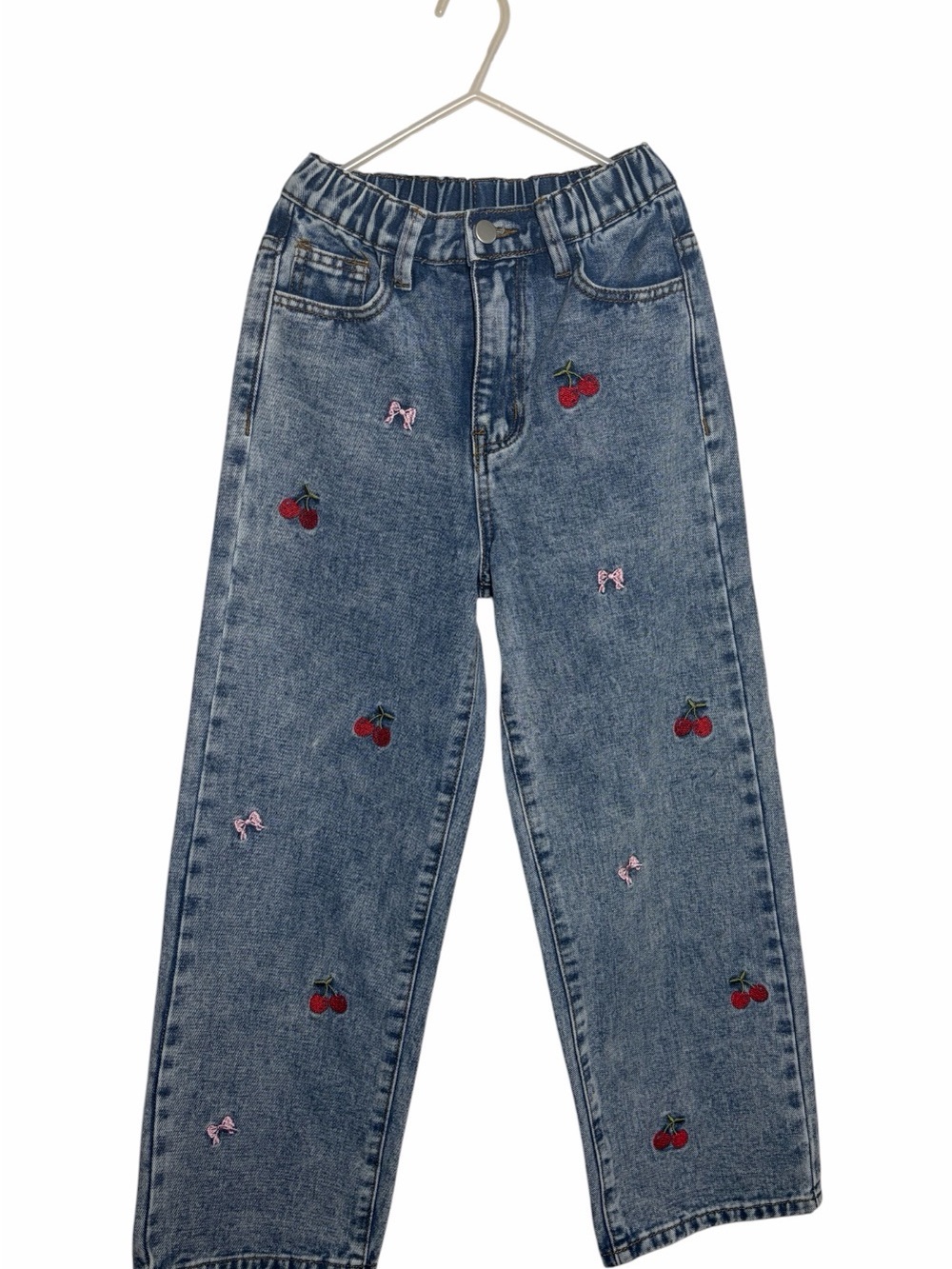 SHEIN Blue Straight-Leg Jeans with Red Cherry Embroidery